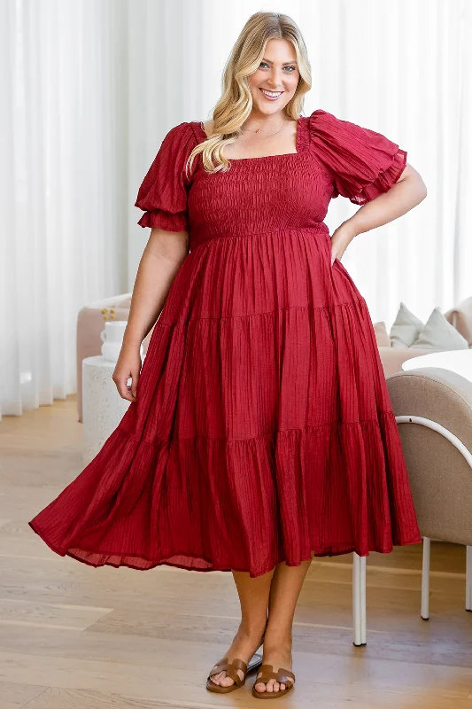 Farrah Shirred Midi Dress Rich Cranberry Red