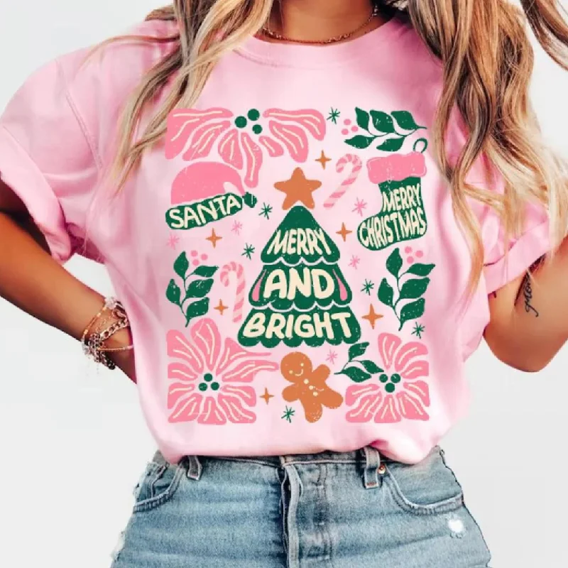 Christmas Tree Hand Drawn Merry & Bright Graphic Tee in Pink