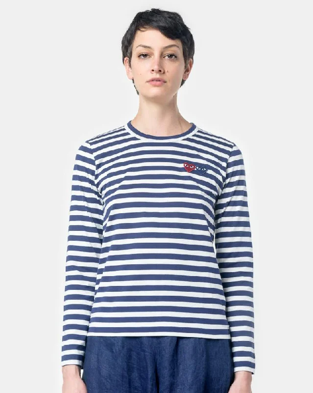 Long Sleeved Striped T-Shirt with Red Heart in Navy/White