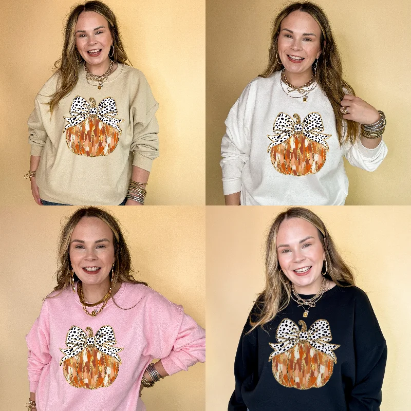 Online Exclusive | Spots & Spice Fall colored Pumpkin with Dotted Bow Graphic Sweatshirt in Multiple Color Options