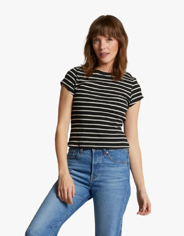 Perfect White Tee Julia Ribbed Baby Tee in True Black & Natural Stripe