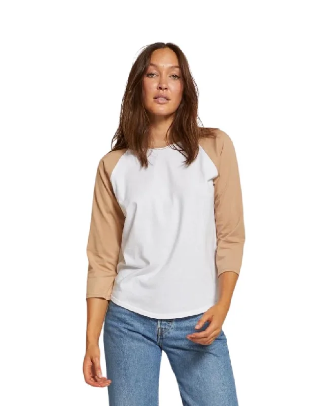 Perfect White Tee Malcom Ringspun Cotton 3/4 Sleeve Baseball Tee in White & Dune