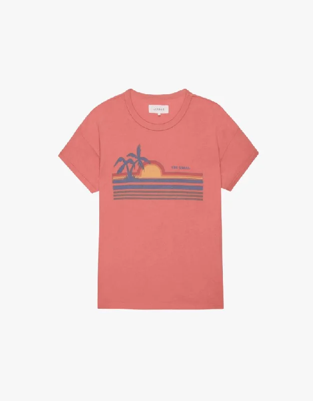 The Great The Boxy Crew T-Shirt with Sunset Graphic in Coral