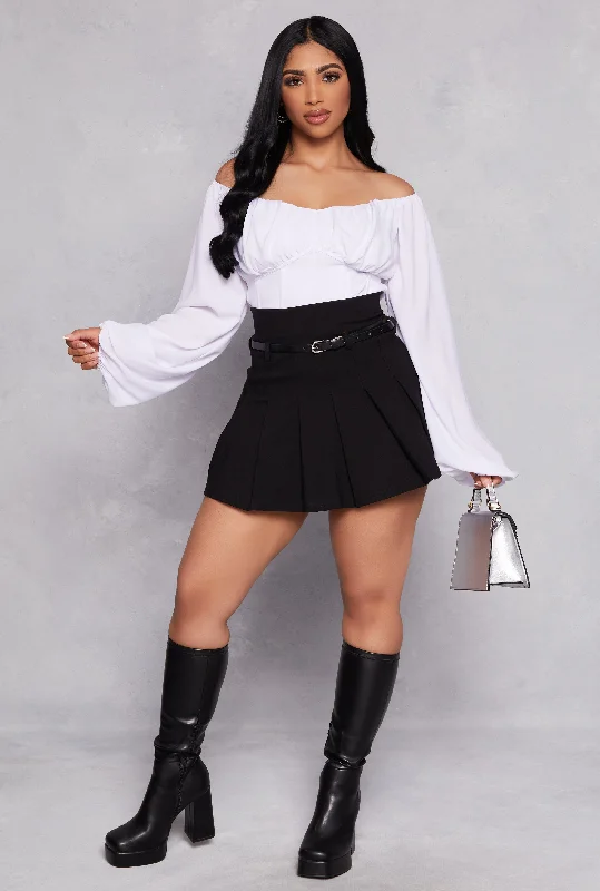 Belted High Waisted Pleated Skirt