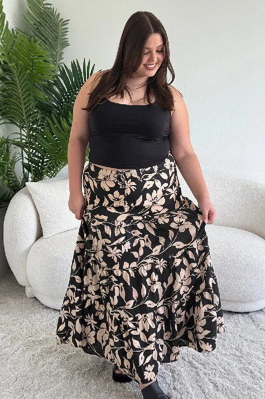 Black Floral Elastic Waist Tiered Maxi Skirt