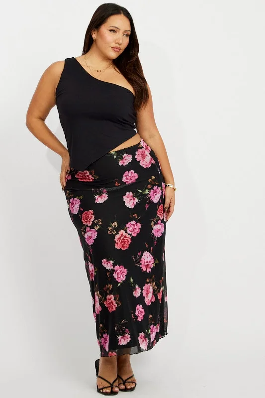 Black Floral Lace Trim Mesh Midi Skirt