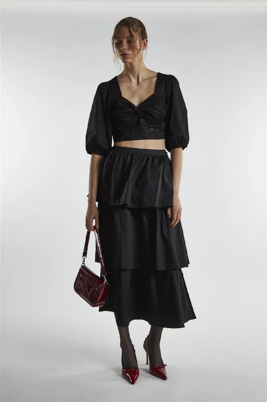 Black Tiered Midi Skirt