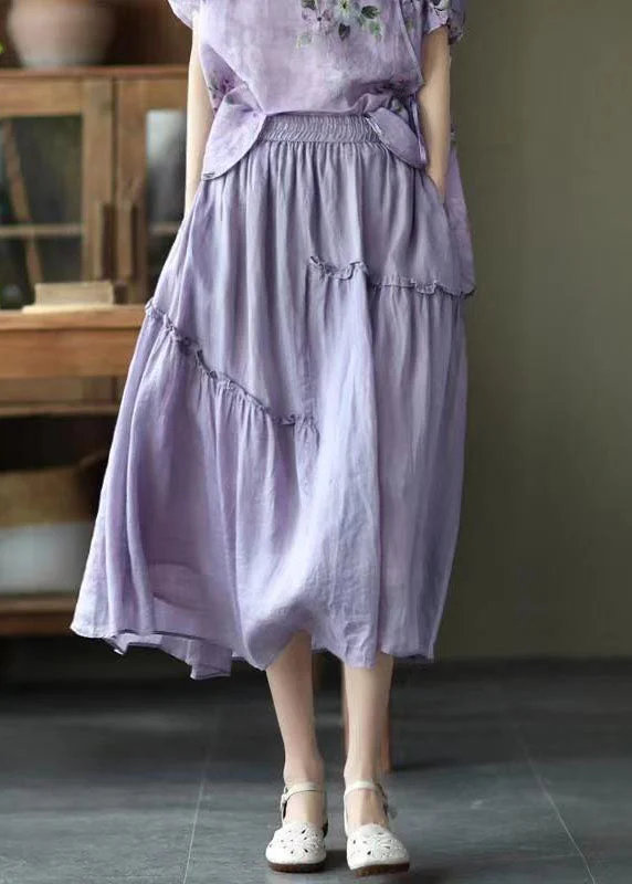 Boho Purple Elastic Waist Asymmetrical Ruffled Pockets Linen Skirt Summer