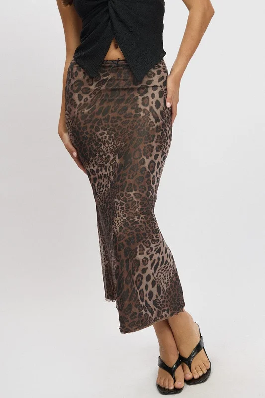 Brown Animal Print Mesh Skirt Elasticated Picot Trim Midaxi