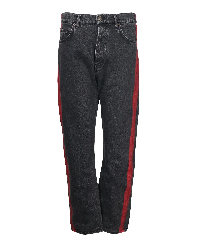 Balenciaga Denim Jeans with Red Stripe Detail in Black Cotton