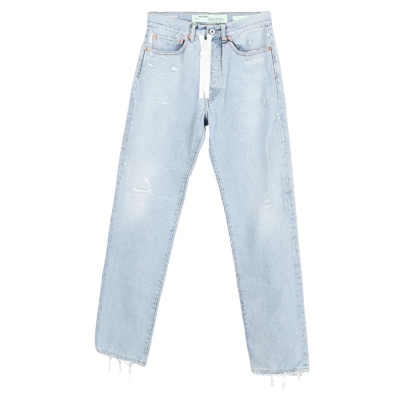 Off-White c/o Virgil Abloh Mid-Waist Distressed Jeans in Light Blue Cotton