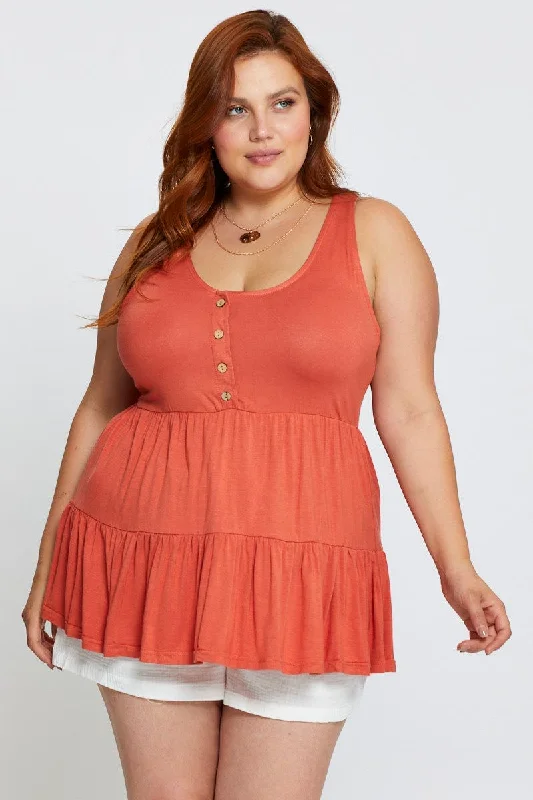 Orange Tank Top Peplum Scoop Neck Jersey Button Front