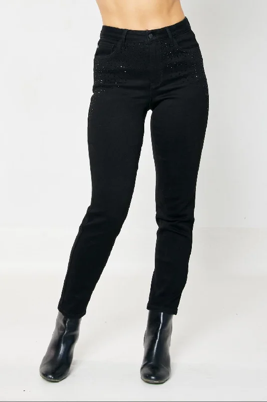 Rhinestone Embellishment Slim Jeans In Black