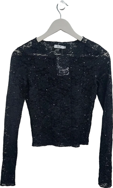 SLA the label Black Sequin Lace Long Sleeve Top UK XS