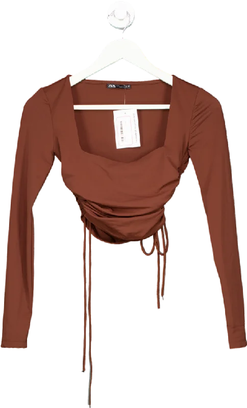 Zara Brown Long Sleeve Ruched Top UK S