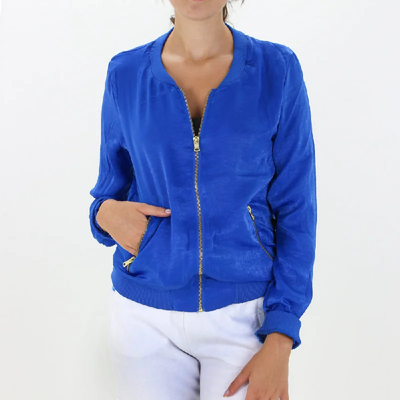 Women's Full Zipper Satin Jacket,Indigo