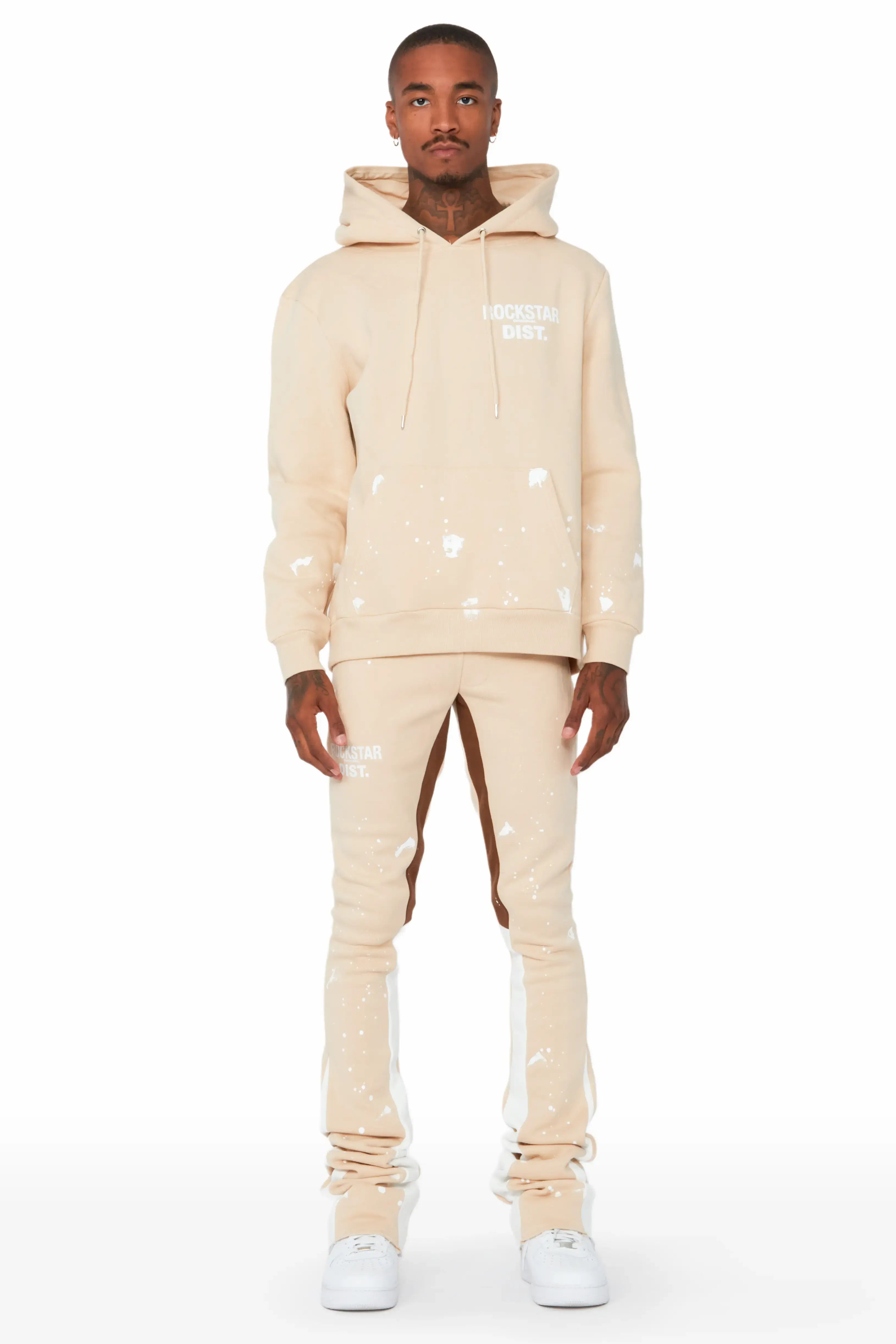 Raffer Beige/White Hoodie/Super Stacked Flare Pant Set