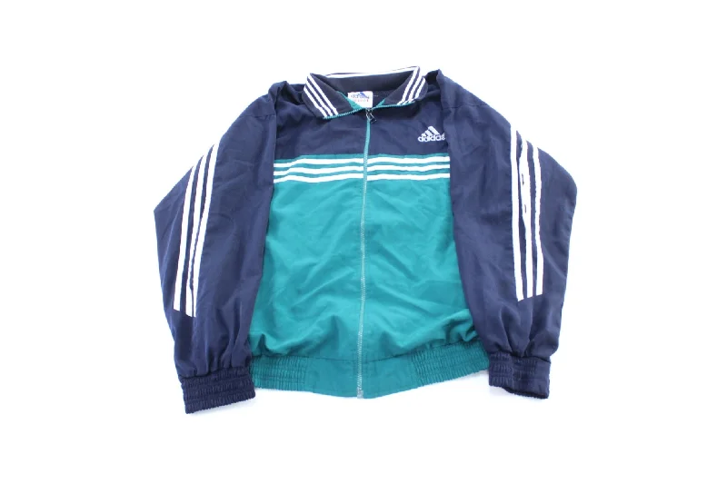 Vintage Adidas Embroidered Logo Navy Blue, Teal, & White Striped Zip Up Jacket