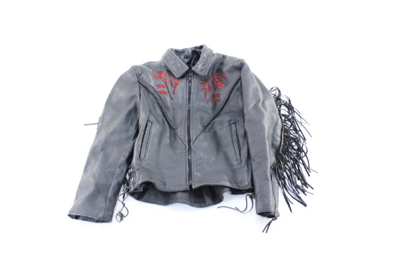 Women's Black Fringed Leather Zip Up Jacket