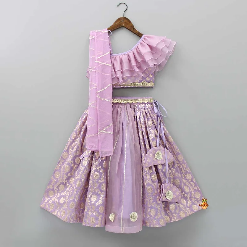 Elegant Pastel Purple Embroidered One Shoulder Top With Lehenga And Gota Lace Detail Dupatta