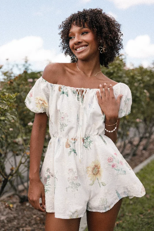 Keleigh Off Shoulder Playsuit - White Floral