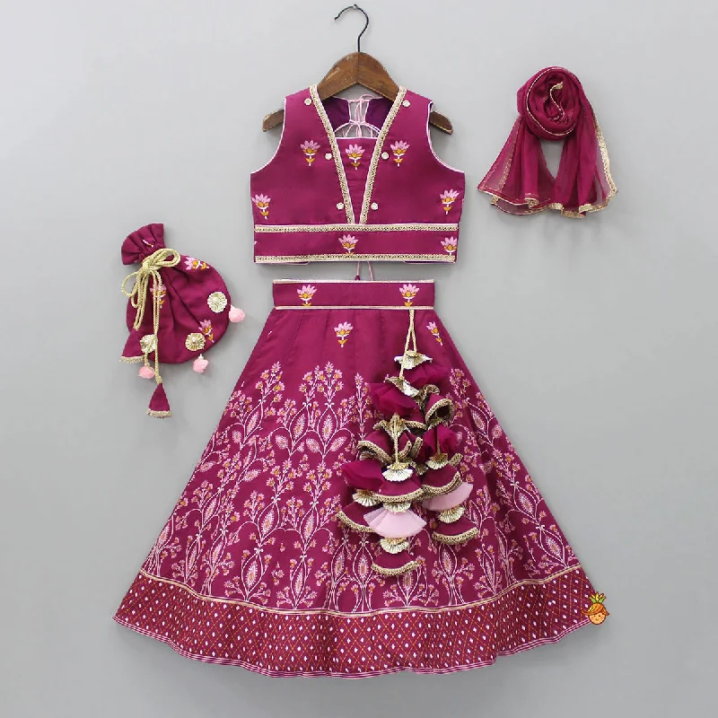 Magenta Printed Top And Lehenga With Matching Net Dupatta And Potli Bag