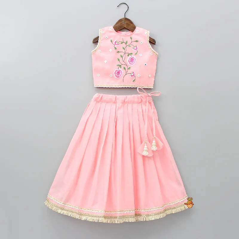 Peach Pink Mirror Work Yoke Top And Pleated Lehenga