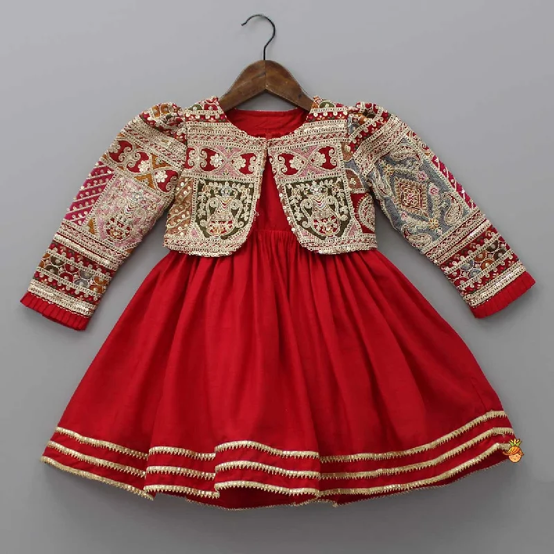 Round Neck Red Kurti With Heavy Embroidered Jacket