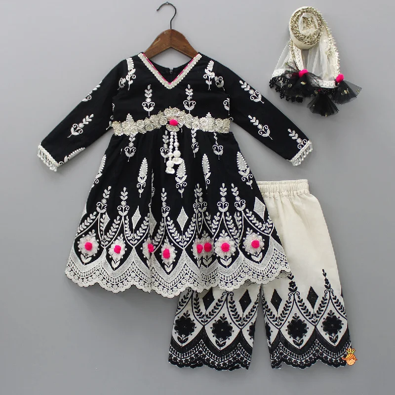 Thread Embroidered Black Kurti And Palazzo With Net Dupatta