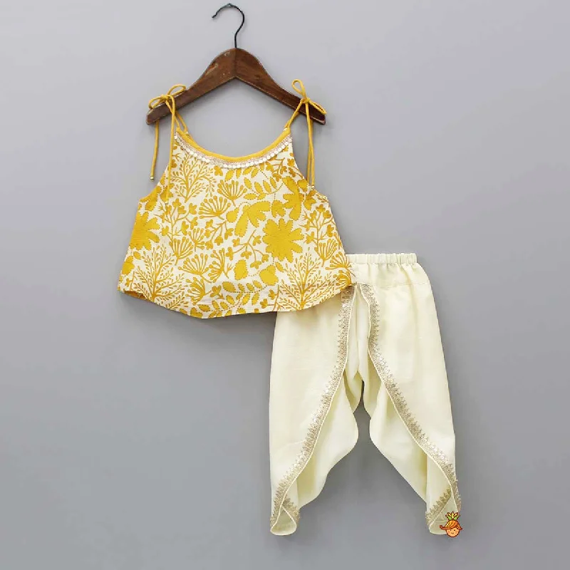 Tie Up Straps Floral Printed Top And Tulip Dhoti