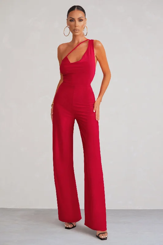 Vienna | Red Asymmetric Cowl Neck Wide Leg Jumpsuit With Open Back Detail