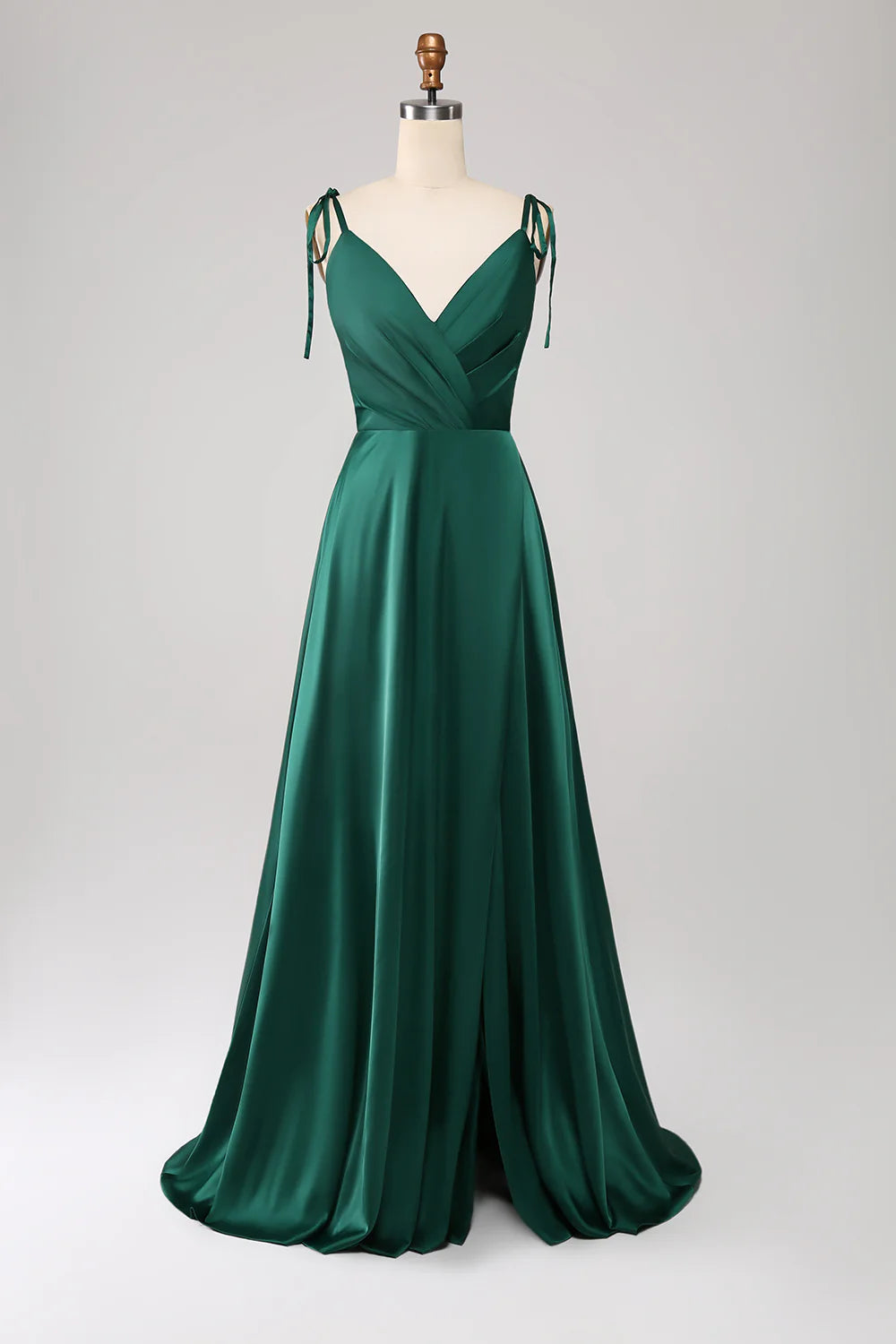 Amzcw A-Line Spaghetti Straps Pleated Satin Long Dark Green Maxi Dress With Slit prom dresses shops