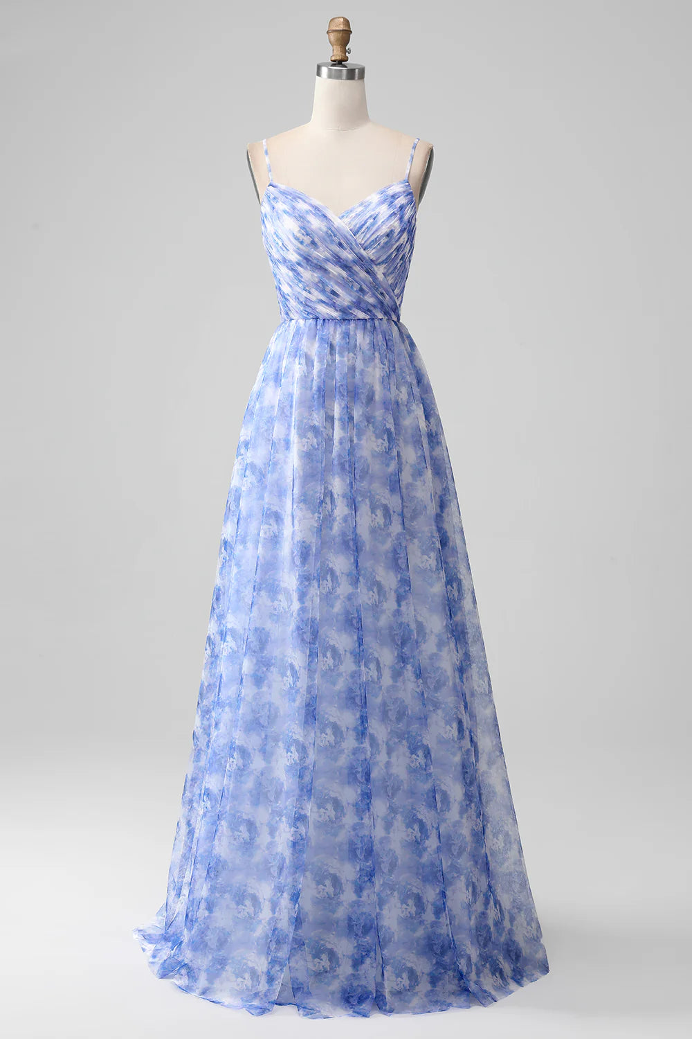 Amzcw Blue A-Line Spaghetti Straps Floral Print Pleated Maxi Dress