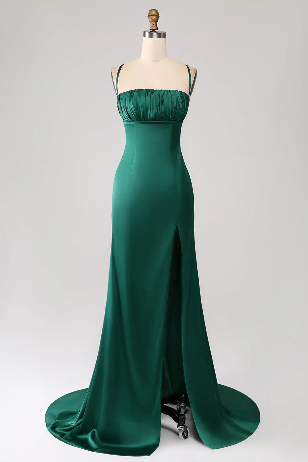 Amzcw Dark Green Sheath Spaghetti Straps Pleated Maxi Dress With Slit prom dresses shops