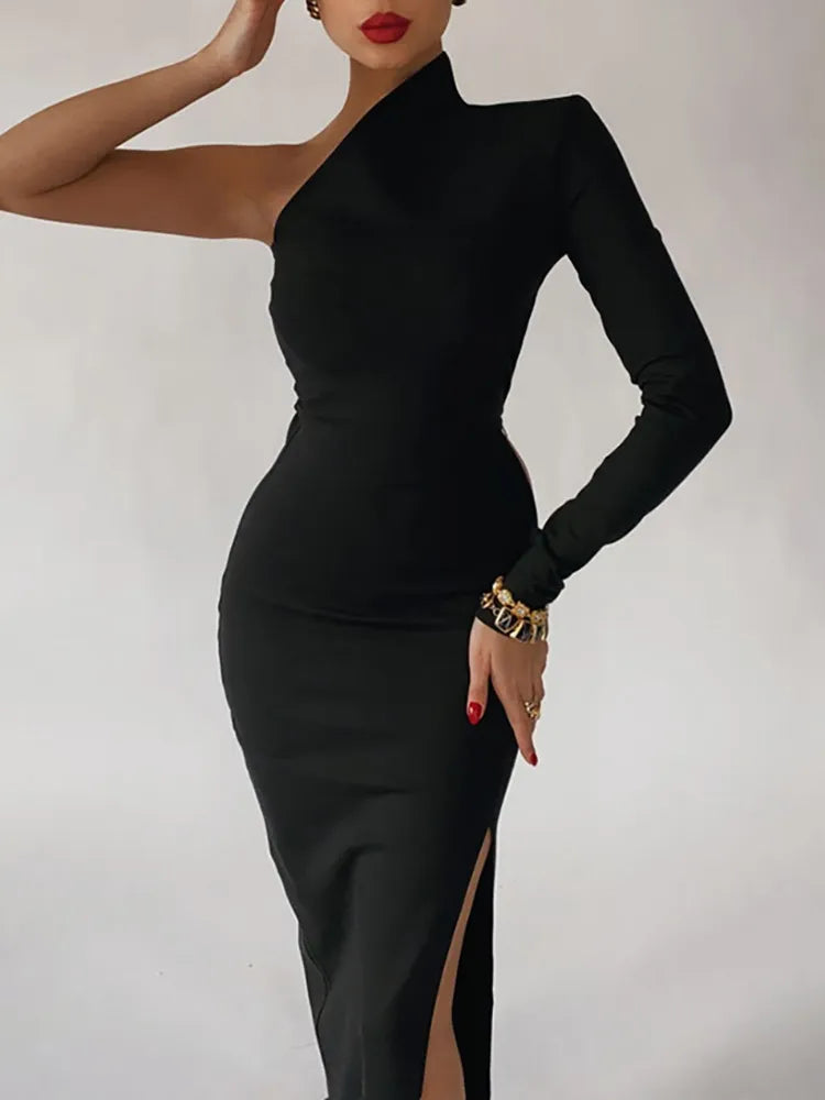 2024 Summer One Shoulder Maxi Elegant Black Bodycon Dress