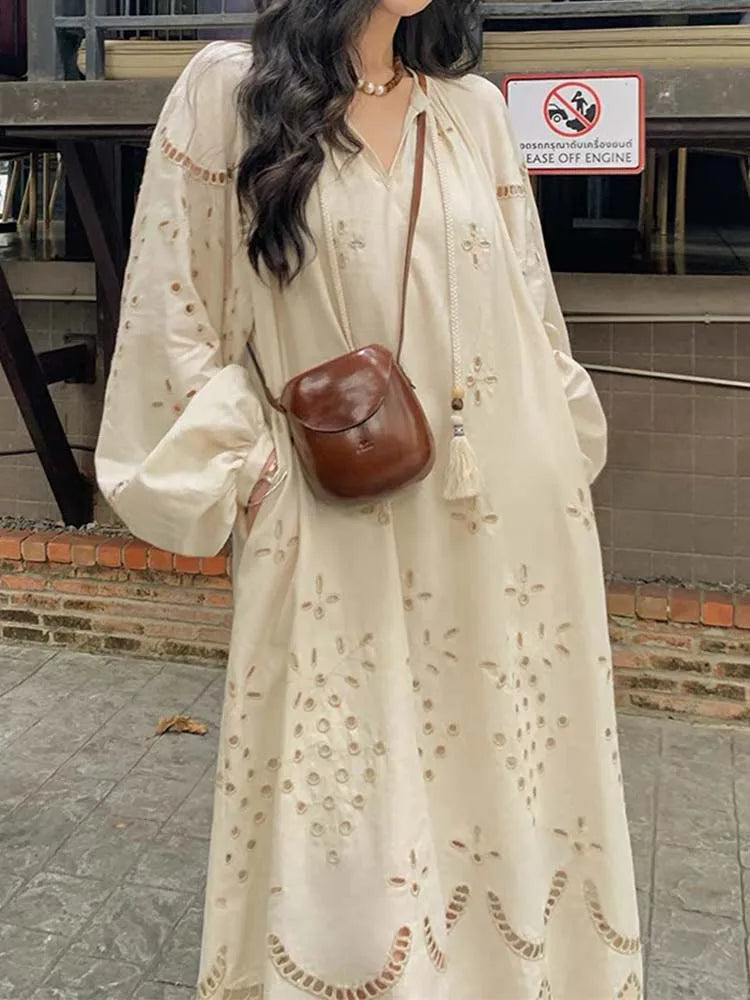 2024 Korean Style Vintage Long Sleeve V-Neck Boho Hollow Out Maxi Dress