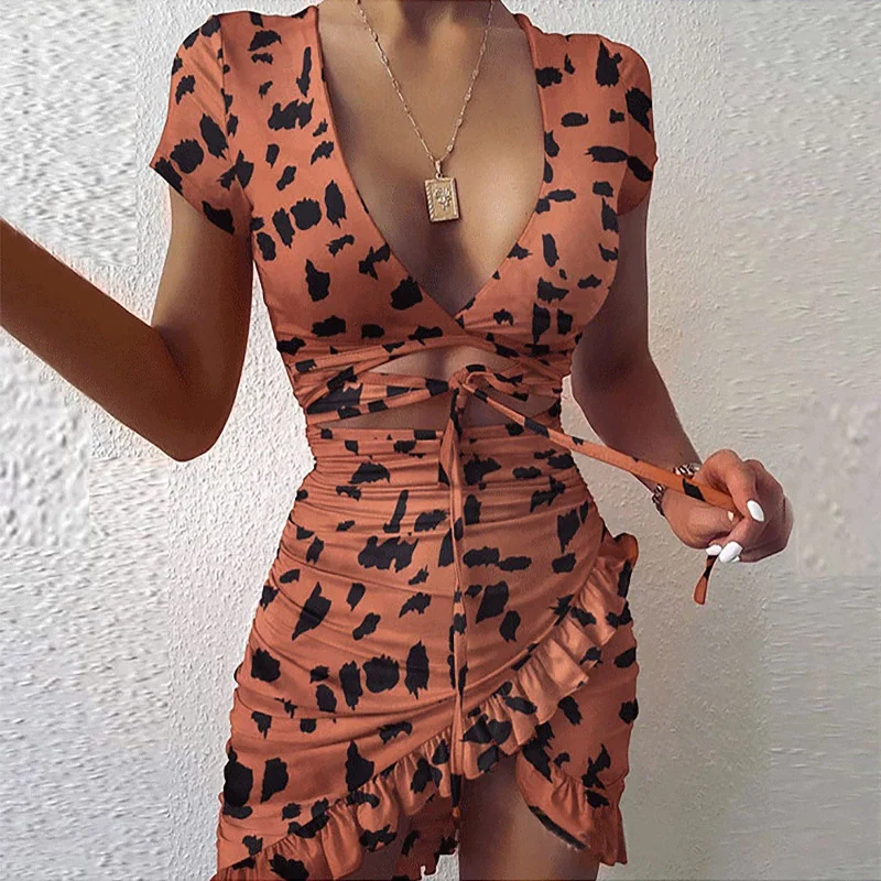 Floral Print Fashion Tie Up Wrap Mini Dress