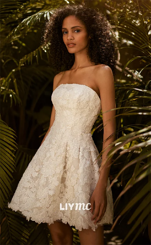 LW231 - Chic Strapless Sleeveless Lace Appliqued A Line Mini Wedding Dress