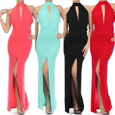 Maxi Dress Gown Women Black Halter Keyhole Thigh Slit Full Length Sexy