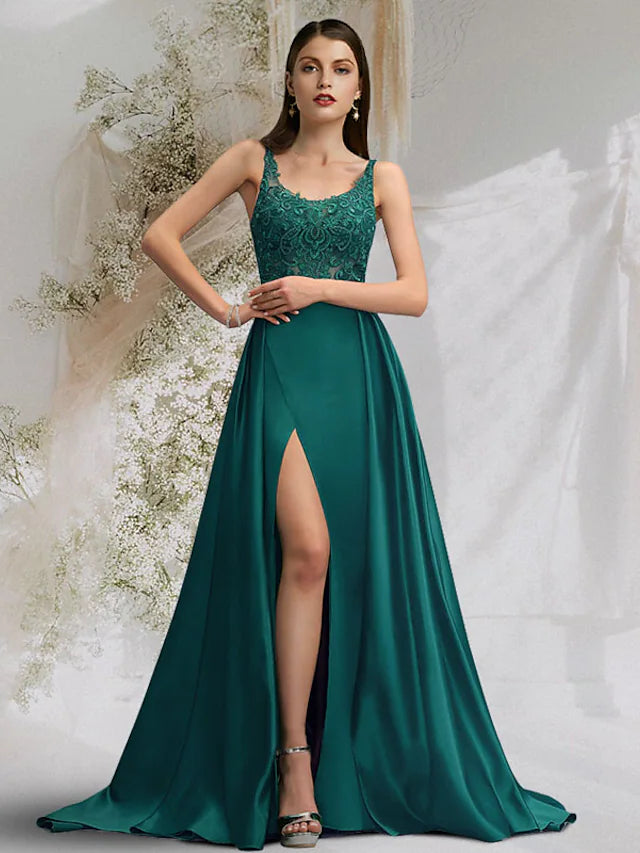 Prom Dresses Maxi Dress Engagement Court  Sleeveless Scoop Neck Charmeuse with Slit Overskirt Lace Insert