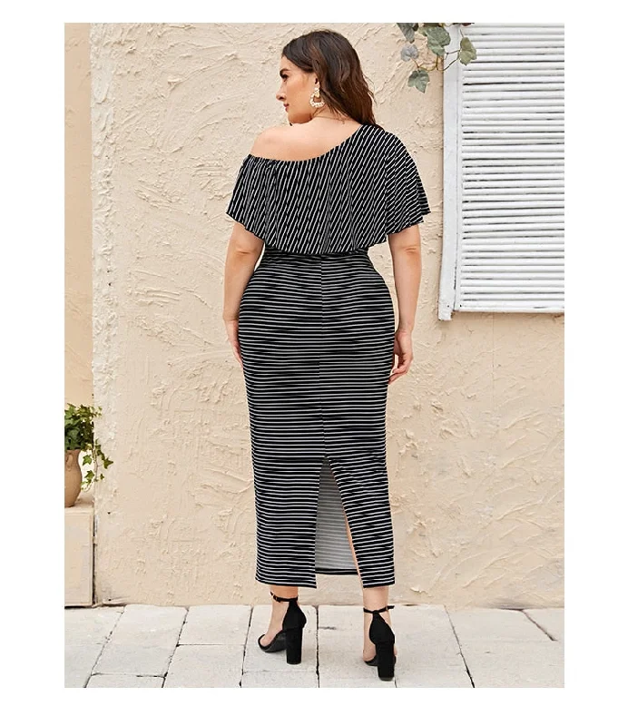 Shoulder Ruffle Stripe Rear Fork Waist Maxi Dresses