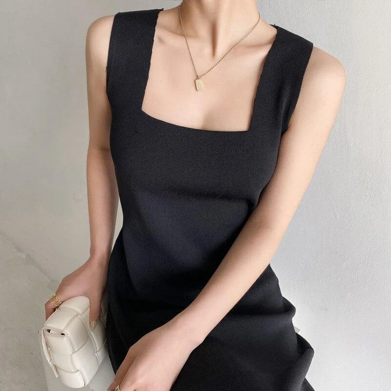 FashionSierra - Square Neck Sleeveless Mini Black Dress