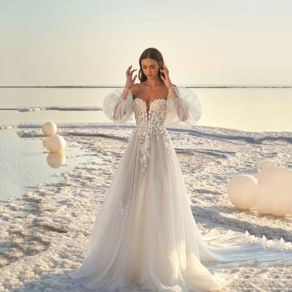 Bohemian Wedding Dresses Women's Elegant Bubble Sleeve Applique Sexy Open Back Bridal Gowns Formal Beach Formal Beach Party