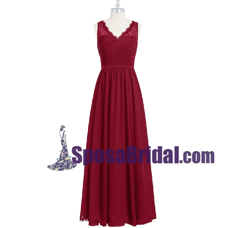 Burgundy Long Chiffon Floor-length Cheap Popular V Neck Bridesmaid Dresses, Wedding Party Dresses , WG236