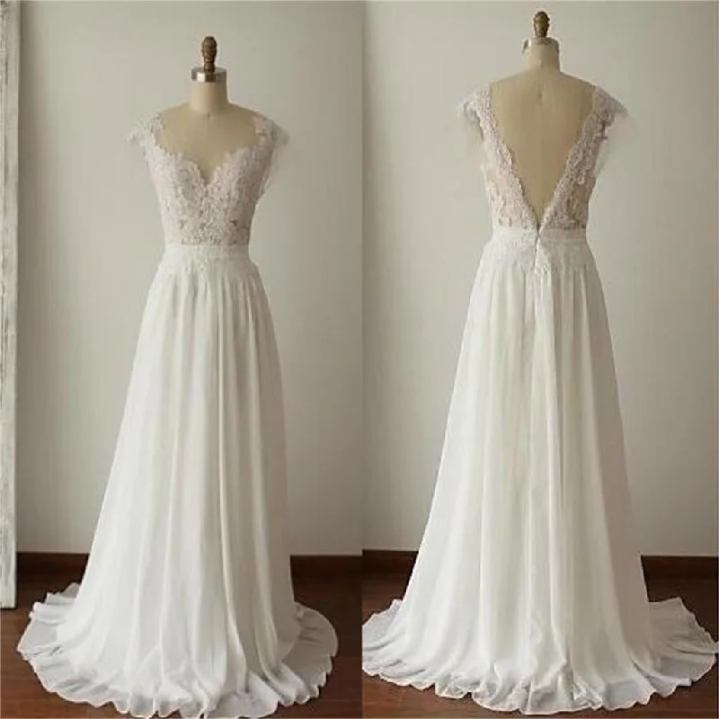 Simple Long A-Line V-back Lace Wedding Dresses, Chiffon Wedding Party Dresses, WD0013