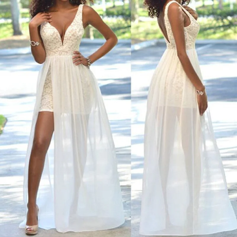 Cheap Popular Simple Ivory Lace Side Slit Chiffon Wedding Party Dresses, WD0048