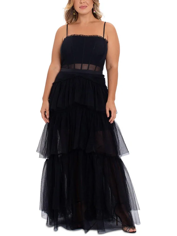 Plus Womens Tiered Sleeveess Evening Dress