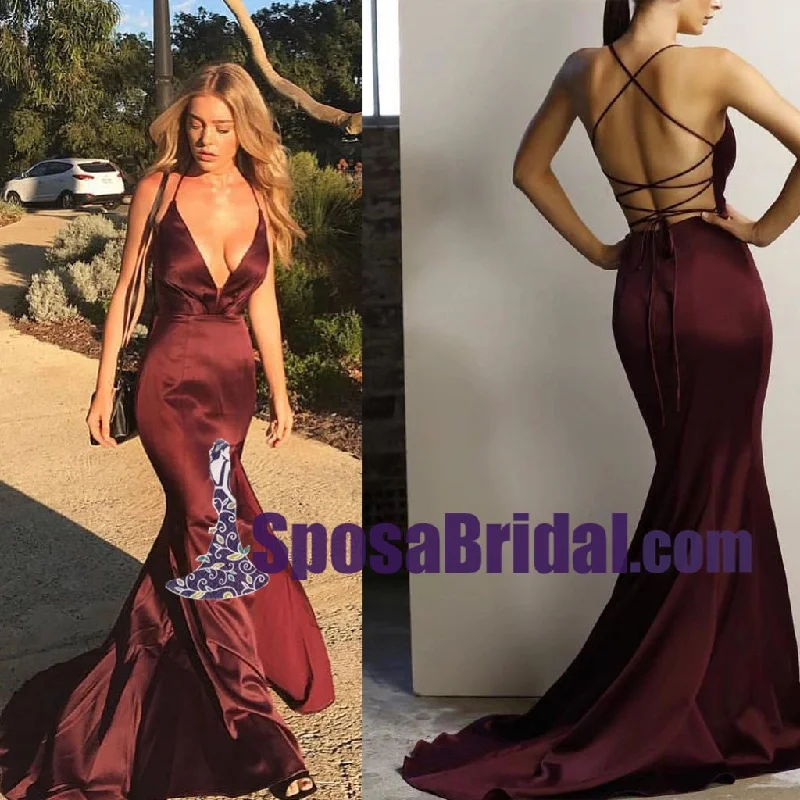 Spaghetti Straps Gorgeous Deep V Neck Mermaid Burgundy Long Prom Dresses with Cross Back, Sexy evening dress, PD0756