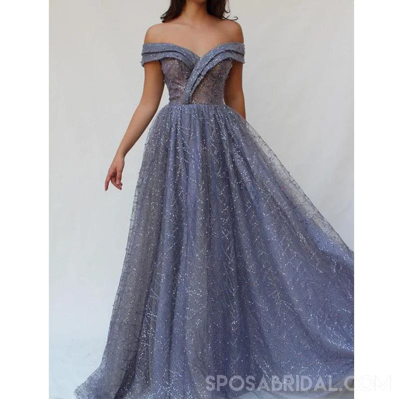 Sparkly Shinning Blue Sequin Off the Shoulder Long A Line Prom Dresses, Evening Dress, PD1136