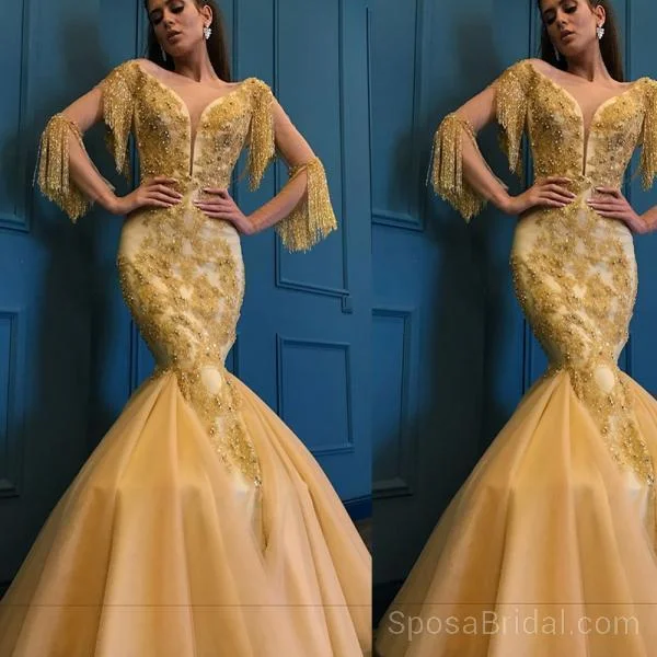 Unique Design Yellow Gold  Modest Fashion Newest Long Prom Dresses, Party Queen Dresses, PD1212